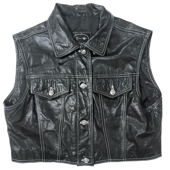 Vintage TANNERY WEST Black Leather Vest - Size L - Rare - - Picture 1 of 13